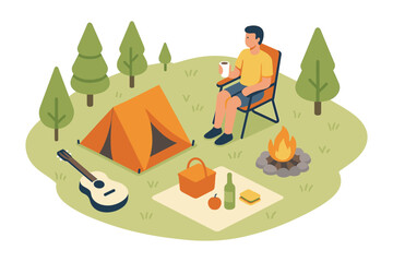 Fototapeta premium Camping adventure with tent, campfire, picnic, and guitar in isometric style