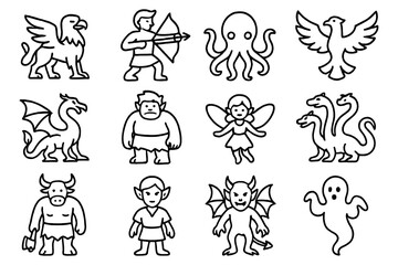 Fantasy creature icons: mythical monsters and magical beings in line art