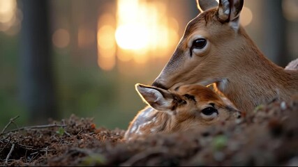A baby deer and its mother in the woods at sunset