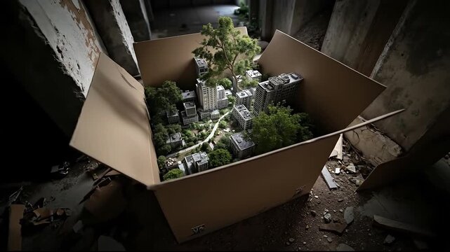 A cardboard box with a small tree in the middle of it