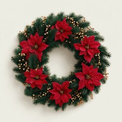 Festive circular wreath with vibrant red flowers, golden beads, and evergreen foliage