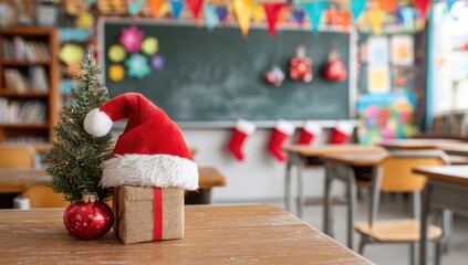 Festive classroom scene with Santa hat on gift, tiny tree, stockings, and blurred decorations