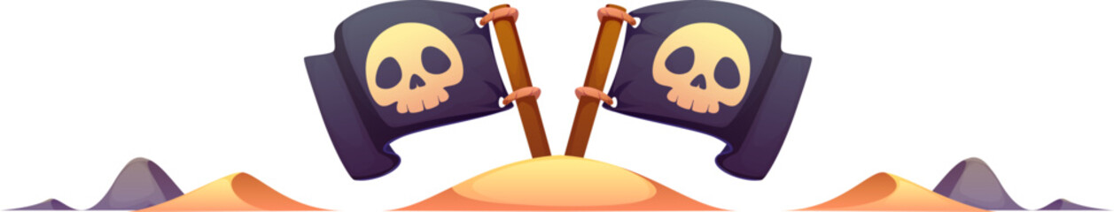 Pirate divider with crossed skull flags on a sandy hill and rocky background. Marine and nautical corsair border frame, piracy decorations for pirate maps, treasure hunts, or seafaring adventures