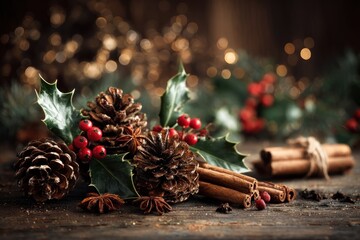 Festive close-up with pinecones, holly, berries, cinnamon, and blurred lights on wood