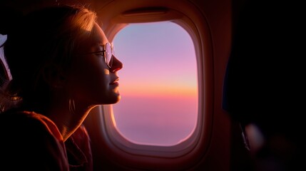 Woman gazes thoughtfully out of airplane window during sunset flight