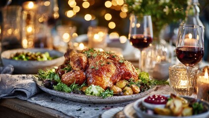Festive feast with roasted chicken centerpiece, wine, and candlelit ambiance