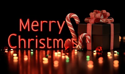 Festive holiday scene illuminated text "Merry Christmas", gifts, candy canes, blurred lights