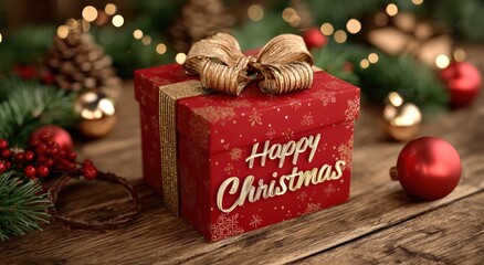 Festive red gift box with a gold bow, surrounded by holiday ornaments and greenery on wood