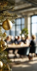 Festive office setting with a decorated tree in the foreground, a blurred meeting behind