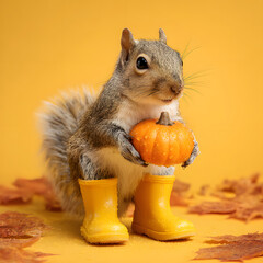 A cute little squirrel holding a pumpkin and wearing yellow rain boots, ready for autumn days. Minimal concept. Illustration.