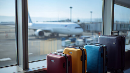 Colorful Suitcases at Airport Terminal Window with Airplane View