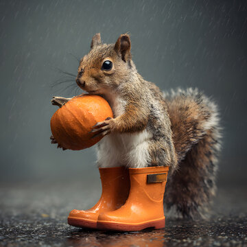 A cute little squirrel holding a pumpkin and wearing orange rain boots, ready for autumn days. Minimal concept. Illustration.