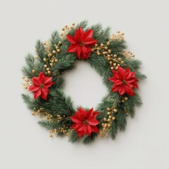 Festive wreath featuring vibrant red poinsettias, golden berries, and evergreen foliage