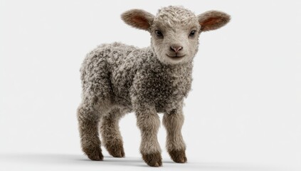 Fluffy lamb, front view, on white background, showcasing the animal's wool and gentle expression