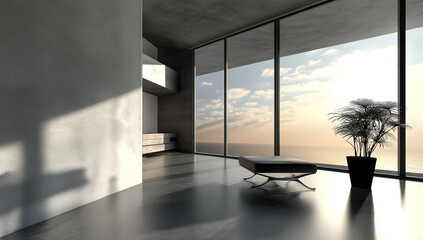 modern interior space with large floor to ceiling windows overlooking serene ocean at sunset