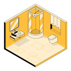 3D modern bathroom interior design with a shower cabin, arrangement of furniture and plumbing.  Apartment template for design studio, architectural business. Vector linear isometric illustration