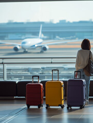 Traveler Waiting at Airport with Colorful Suitcases and Airplane View