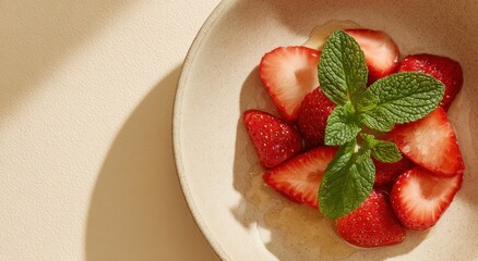 Fresh strawberries sliced and adorned with mint, served in a bowl with honey