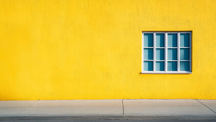 Bright yellow stucco wall minimal design and multi pane rectangular window