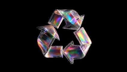 Gleaming, iridescent recycle symbol floats against black backdrop. Detailed 3D rendering with light refraction