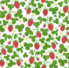 Hand drawn seamless repeated pattern with strawberry fruits, leaves and flowers. Primitive, naive style of drawing. Design for wallpaper, textile, wrapping paper.