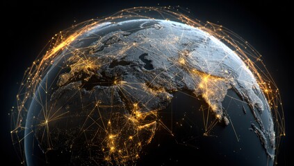 Global view of Earth with illuminated network lines, highlighting connections across continents