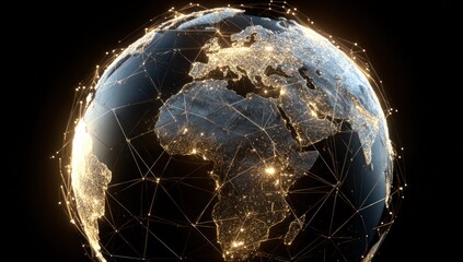 Globe showcasing illuminated city lights interconnected by a network against a dark background