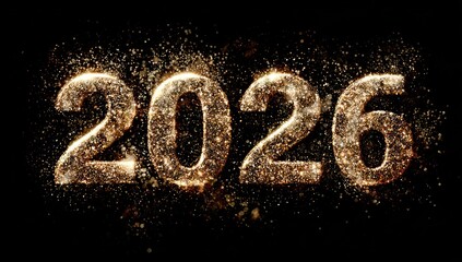 Golden glitter numbers spelling "2026" against a black background, with particle effect