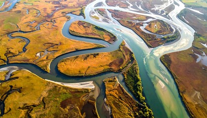 Aerial view of winding river