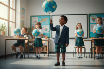 Diverse elementary school children in uniform standing and sitting in a bright classroom, happily holding and looking at small globe spheres, representing global education and future