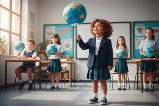Diverse group of school children in classroom holding or interacting with globes, celebrating education, environmental awareness, and their future roles in an interconnected world