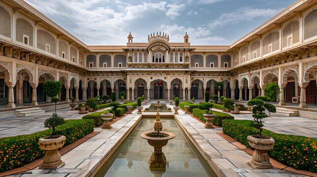 A large courtyard with a fountain in the center