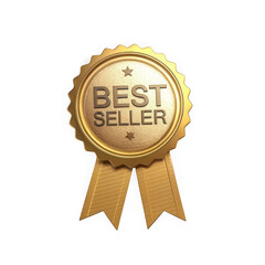 Golden best seller badge award ribbon icon for recognition and achievement on a simple background