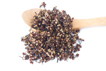  Dried Indian ivy-rue (Makhwaen, Zanthoxylum limonella) on wooden spoon, an exotic Thai spice with citrus aroma and numbing taste, used in traditional cooking and herbal remedies.     