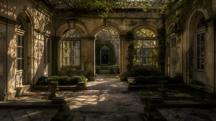 Fototapeta premium A large, empty courtyard with arched windows and a stone floor