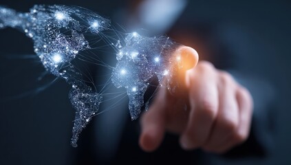 Hand pointing at a glowing, networked world map, symbolizing connectivity and global reach