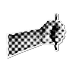 Halftone comic collage, dotted male hand, holding pen in its fist. Retro pop art sticker, pop art element for wallpaper, flyer, presentation, isolated on white background. EPS10 vector illustration