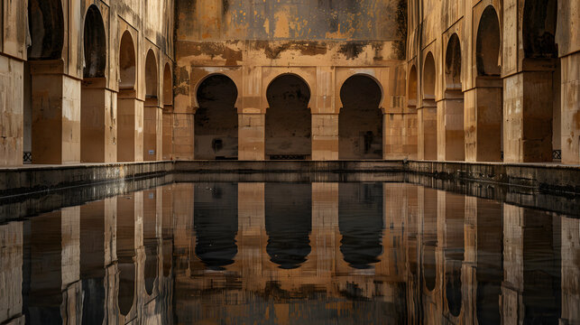 The image is a black and white photo of a courtyard with a large pool of water