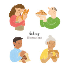 Hand drawn illustrations of the different people with pastry, people enjoying fresh pastry. Bakery set of illustrations. Cartoon primitive watercolor drawings.