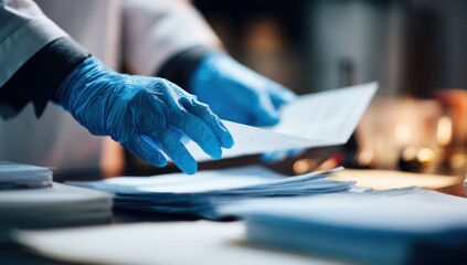 Hands in blue gloves examine documents on a cluttered lab table, low light