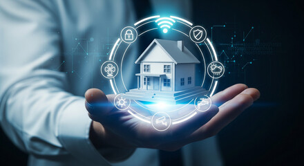 Smart Home in Hand: A person holds a miniature house surrounded by digital icons, symbolizing smart home technology and connected living. A vision of modern convenience and innovation.