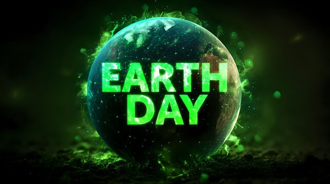 Artistic glowing globe poster featuring green aura and text "Earth Day"