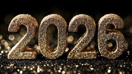 Glittering gold numerals "2026" on a black glitter background with blurred bokeh lights
