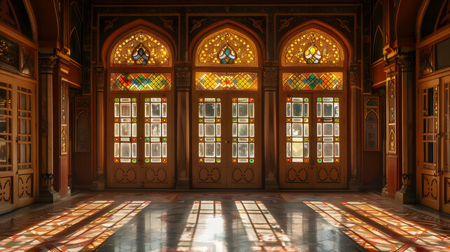 A large room with stained glass windows and wooden doors