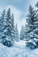 Beautiful snowy winter forest landscape with tall pine trees covered in snow under cloudy sky atmosphere