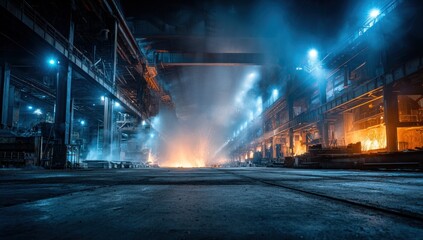 Large industrial interior with bright molten core, overhead beams, and atmospheric smoke