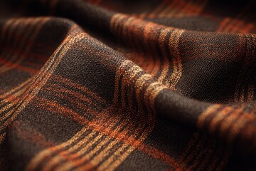 Macro shot of a textured fabric with a plaid pattern in brown, orange, and tan tones