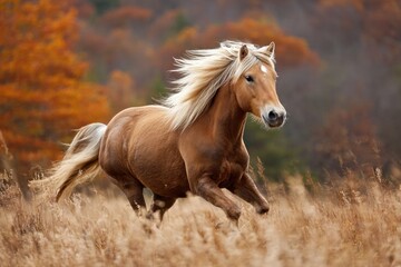 Majestic tan horse with flowing blonde mane gallops across a field with autumn foliage