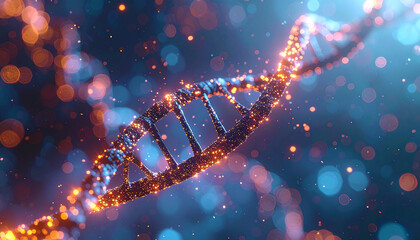 DNA Helix: An intricate, shimmering DNA helix glows against a blurred, deep-blue background, showcasing the beauty of the building blocks of life.