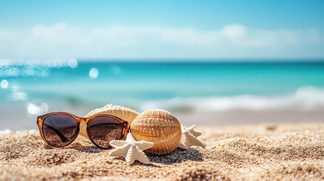 Beach vacation essentials sunglasses seashells and serenity by the ocean close-up relaxation theme
